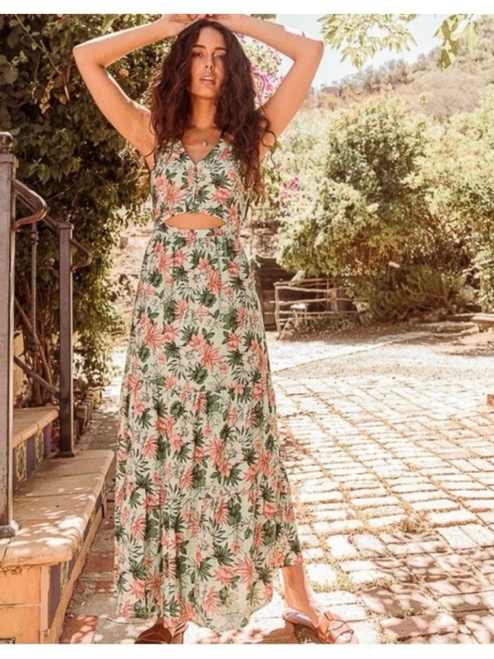 Lost + Wander Botanical Tiered Maxi Skirt - Pink & Green